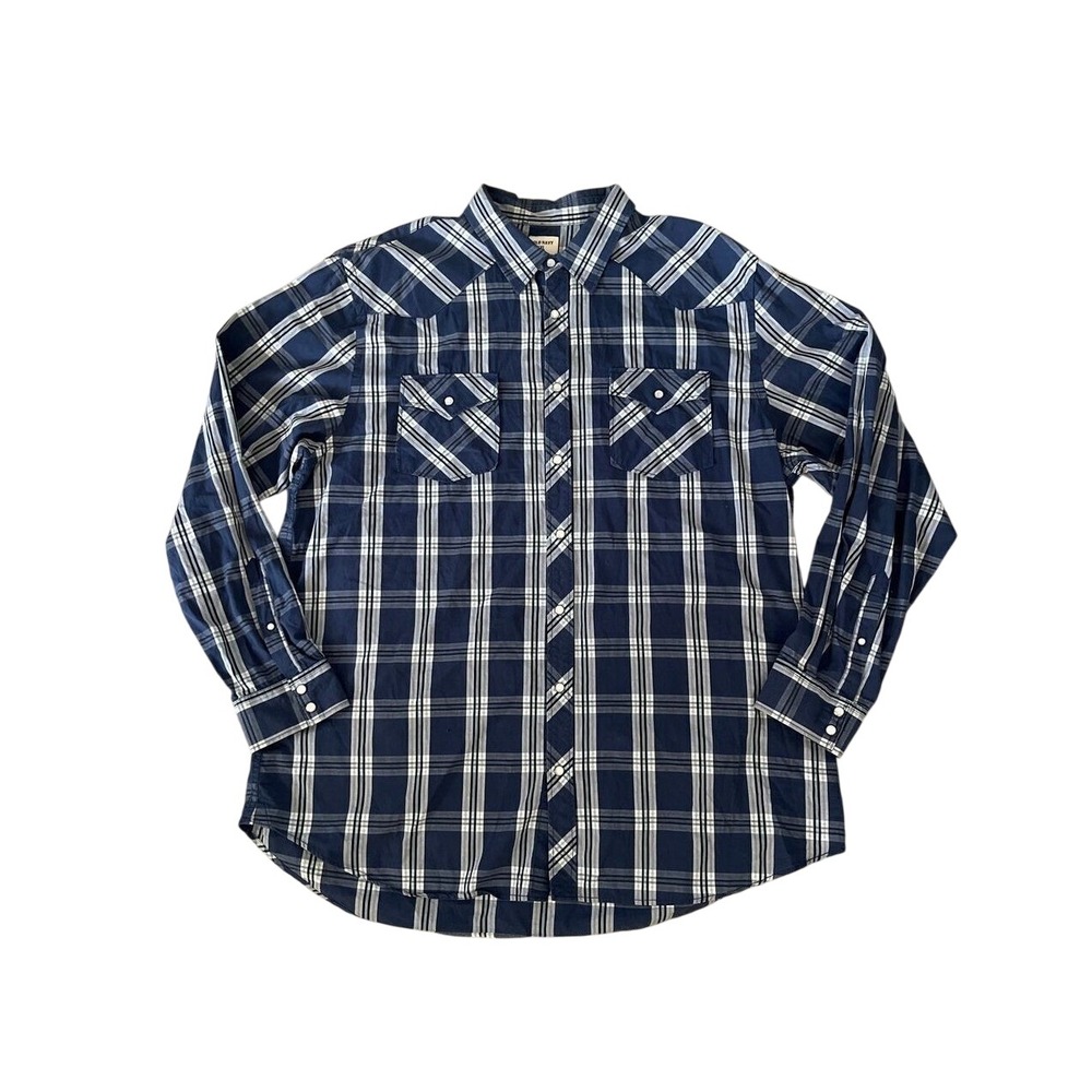 Old Navy Western Plaid Pearl Snap Button Down Shirt XXL Blue Cowboy Long Sleeve